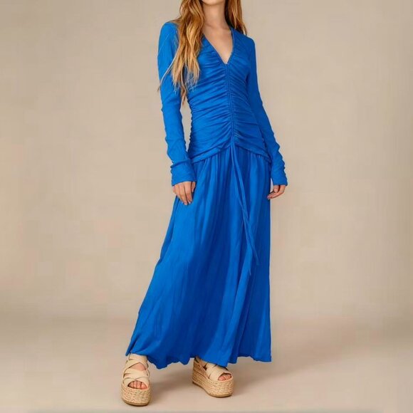 Farm Rio Dresses & Skirts - NWOT Farm Rio V Neckline Ruched Blue Maxi Dress Long Sleeves Size M